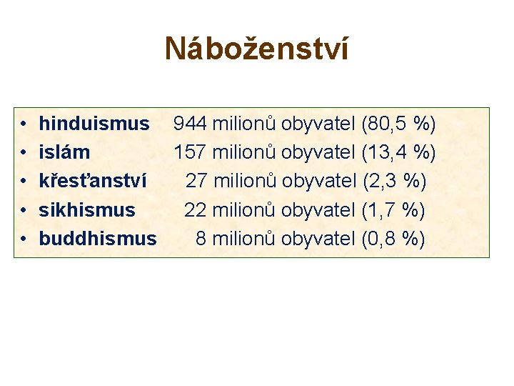 Náboženství • • • hinduismus 944 milionů obyvatel (80, 5 %) islám 157 milionů