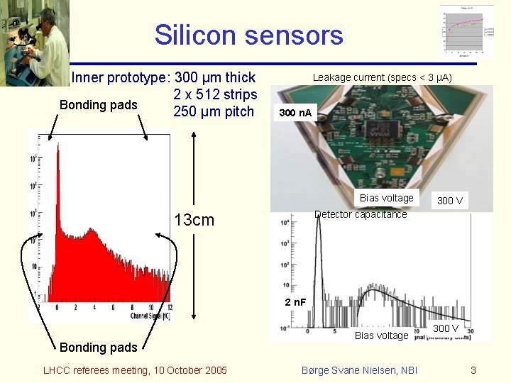 Silicon sensors Inner prototype: 300 μm thick 2 x 512 strips Bonding pads 250