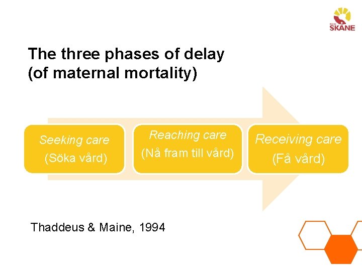 The three phases of delay (of maternal mortality) Seeking care (Söka vård) Reaching care