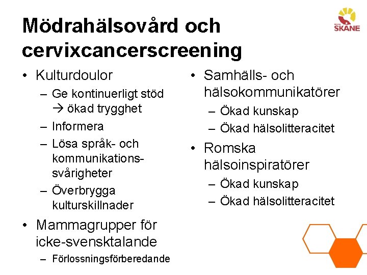 Mödrahälsovård och cervixcancerscreening • Kulturdoulor – Ge kontinuerligt stöd ökad trygghet – Informera –