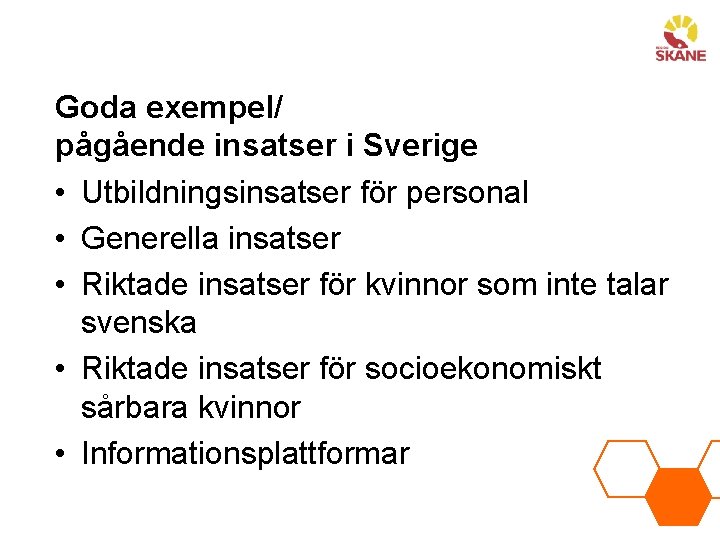 Goda exempel/ pågående insatser i Sverige • Utbildningsinsatser för personal • Generella insatser •