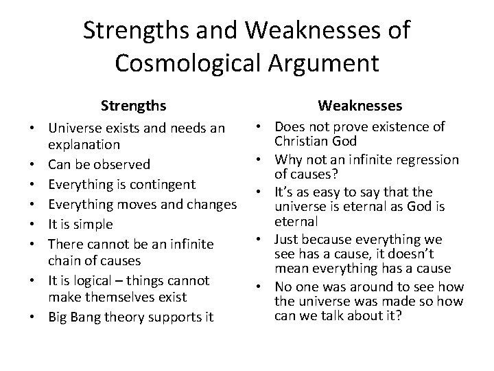 Strengths and Weaknesses of Cosmological Argument Strengths Weaknesses • Universe exists and needs an