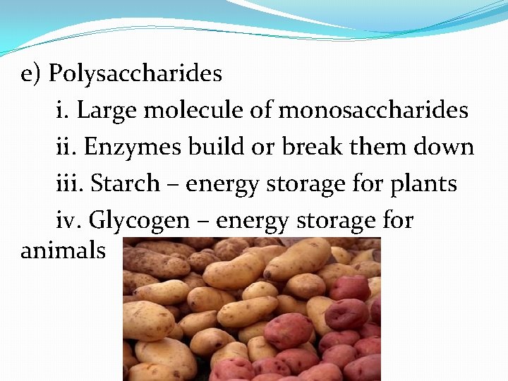 e) Polysaccharides i. Large molecule of monosaccharides ii. Enzymes build or break them down