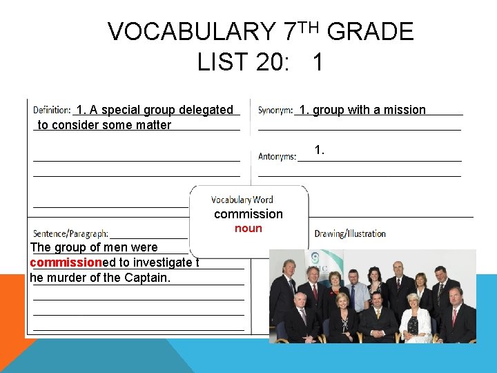 VOCABULARY 7 TH GRADE LIST 20: 1 1. A special group delegated to consider