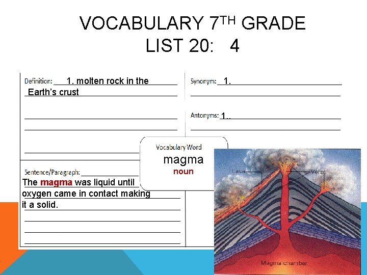 VOCABULARY 7 TH GRADE LIST 20: 4 1. molten rock in the Earth’s crust