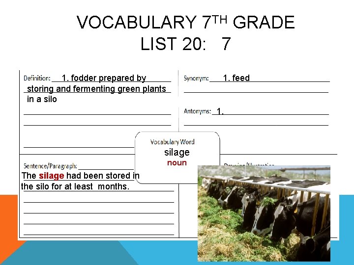 VOCABULARY 7 TH GRADE LIST 20: 7 1. fodder prepared by storing and fermenting