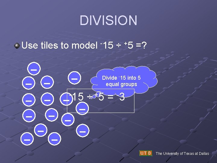 DIVISION Use tiles to model -15 ÷ +5 =? – Divide 15 into 5 DIVISION Use tiles to model -15 ÷ +5 =? – Divide 15 into 5