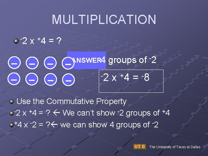 MULTIPLICATION -2 – – x +4 = ? – – – ANSWER 4 – MULTIPLICATION -2 – – x +4 = ? – – – ANSWER 4 –