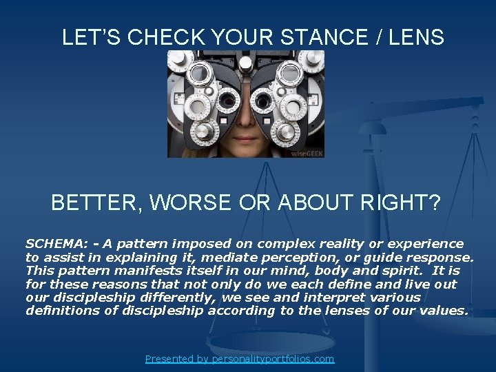 LET’S CHECK YOUR STANCE / LENS BETTER, WORSE OR ABOUT RIGHT? SCHEMA: - A