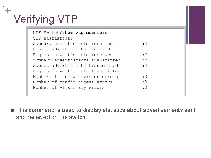 . + Verifying VTP n This command is used to display statistics about advertisements