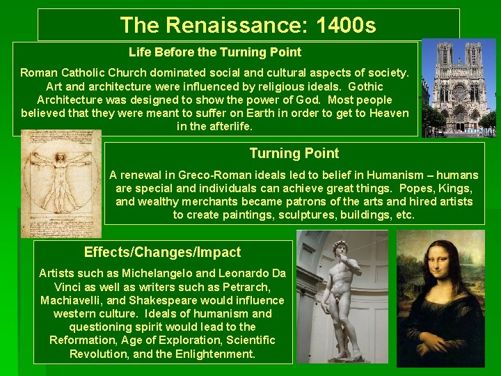 The Renaissance: 1400 s Life Before the Turning Point Roman Catholic Church dominated social The Renaissance: 1400 s Life Before the Turning Point Roman Catholic Church dominated social