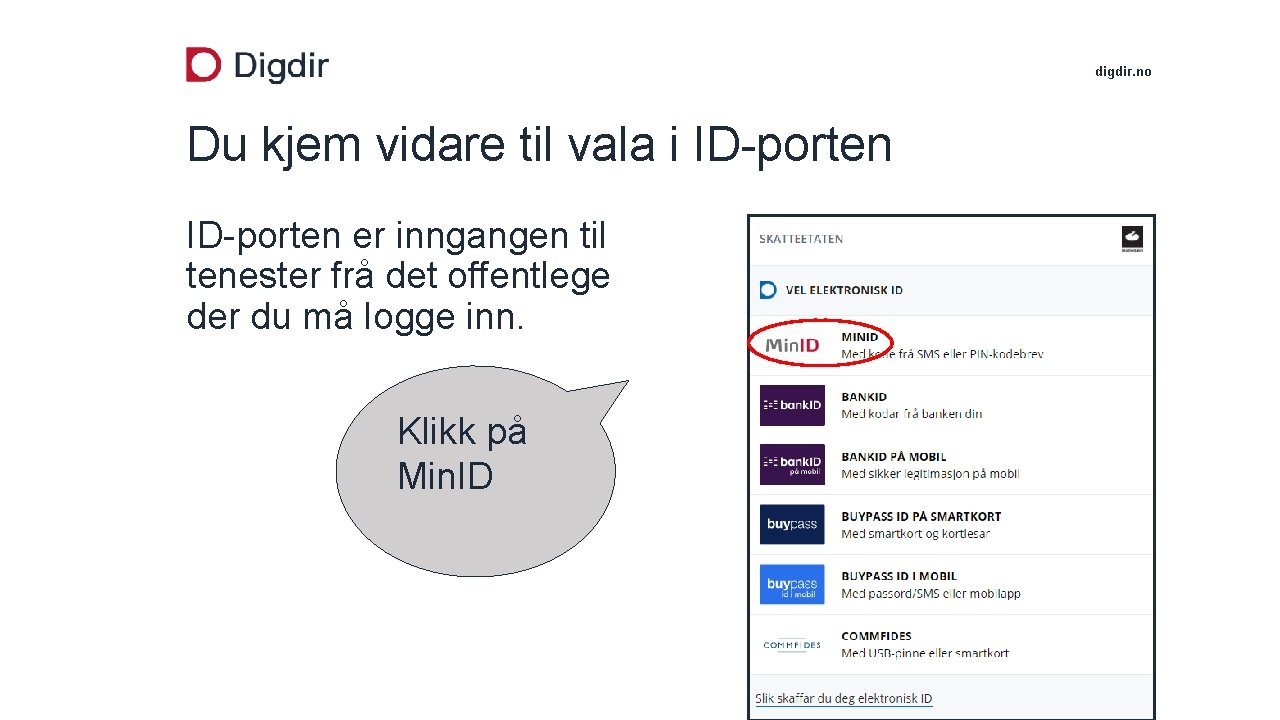 digdir. no Du kjem vidare til vala i ID-porten er inngangen til tenester frå