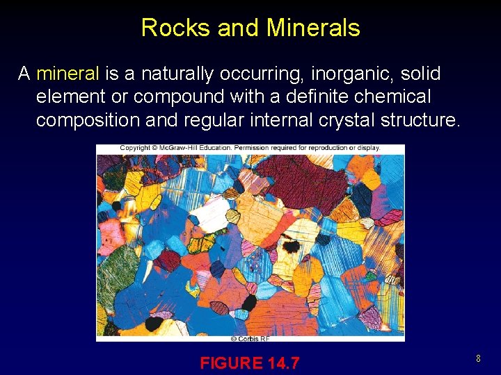 Rocks and Minerals A mineral is a naturally occurring, inorganic, solid element or compound