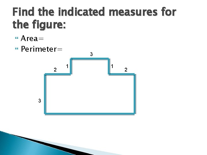 Find the indicated measures for the figure: Area= Perimeter= 2 3 3 1 1