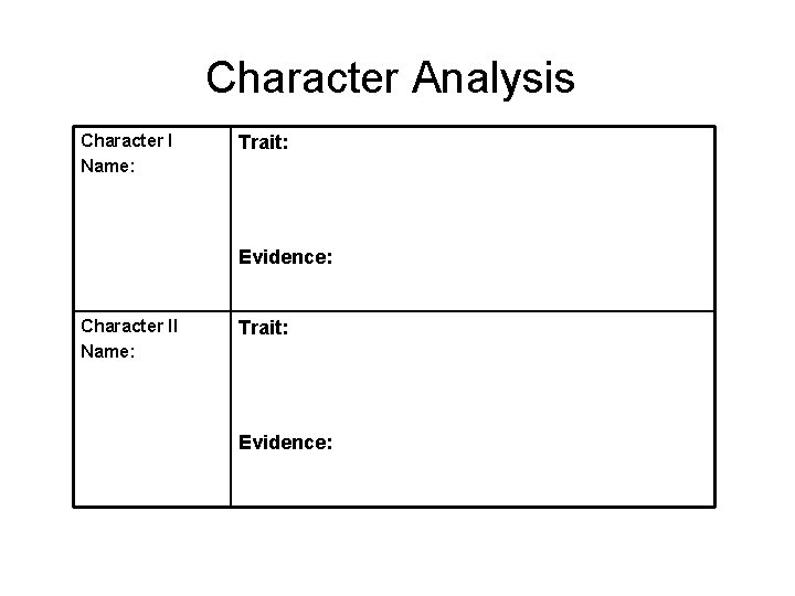 Character Analysis Character I Name: Trait: Evidence: Character II Name: Trait: Evidence: 