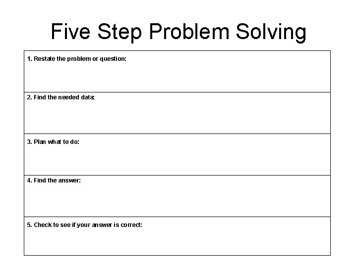 Five Step Problem Solving 1. Restate the problem or question: 2. Find the needed