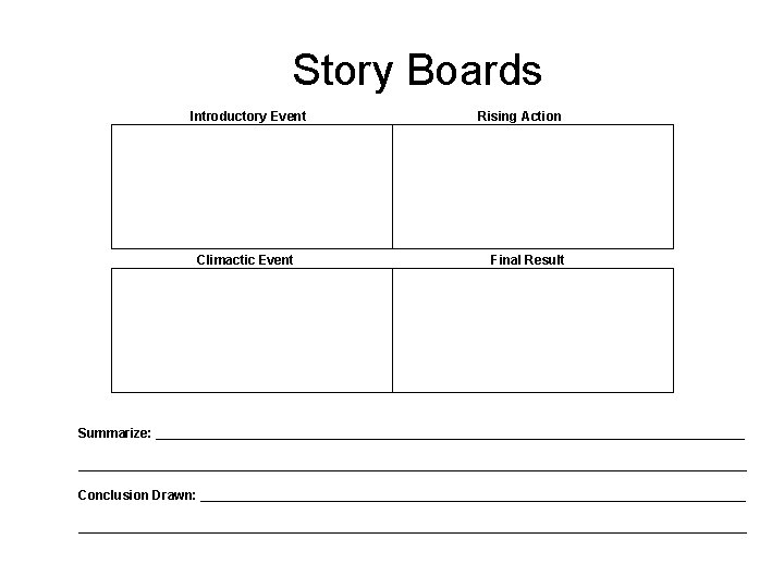 Story Boards Introductory Event Climactic Event Rising Action Final Result Summarize: _______________________________________________________________________________________ Conclusion Drawn: