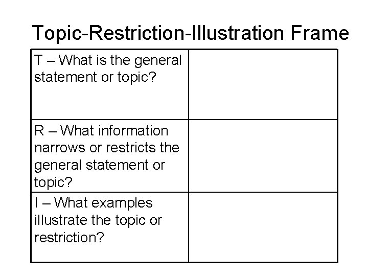 Topic-Restriction-Illustration Frame T – What is the general statement or topic? R – What