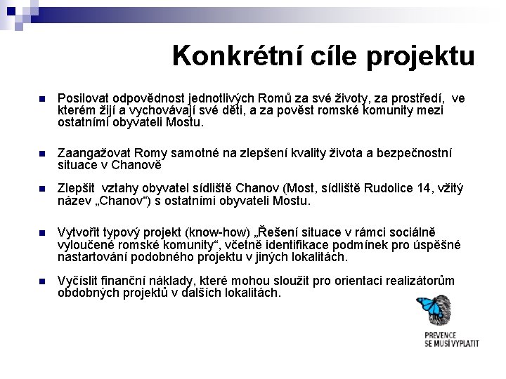 Konkrétní cíle projektu n Posilovat odpovědnost jednotlivých Romů za své životy, za prostředí, ve