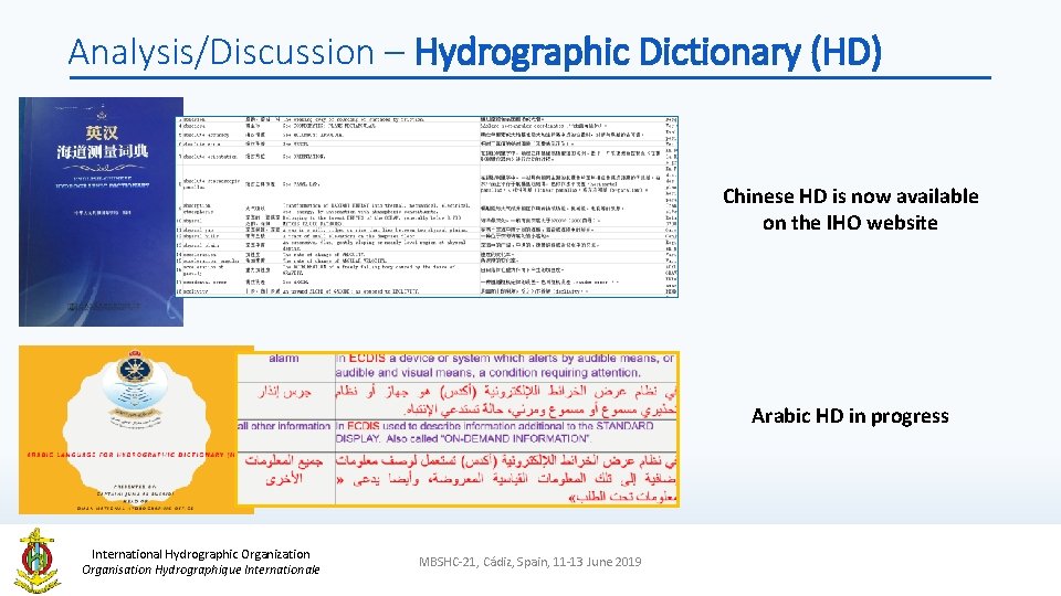 Analysis/Discussion – Hydrographic Dictionary (HD) Chinese HD is now available on the IHO website