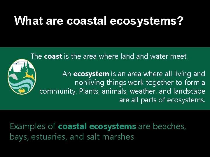 What are coastal ecosystems? The coast is the area where land water meet. An What are coastal ecosystems? The coast is the area where land water meet. An