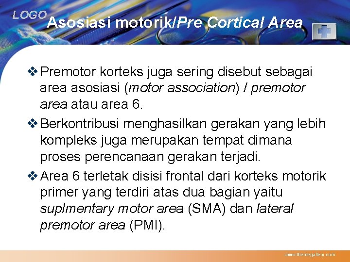 LOGO Asosiasi motorik/Pre Cortical Area v Premotor korteks juga sering disebut sebagai area asosiasi