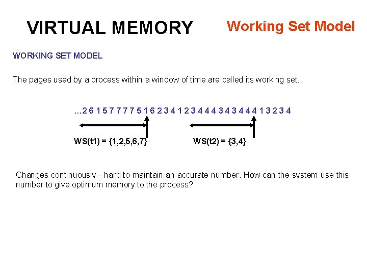 VIRTUAL MEMORY Working Set Model WORKING SET MODEL The pages used by a process