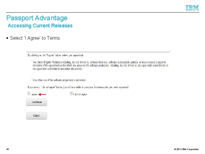 Passport Advantage Accessing Current Releases § Select ‘I Agree’ to Terms 44 © 2014