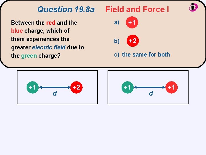 Question 19. 8 a Between the red and the blue charge, which of them