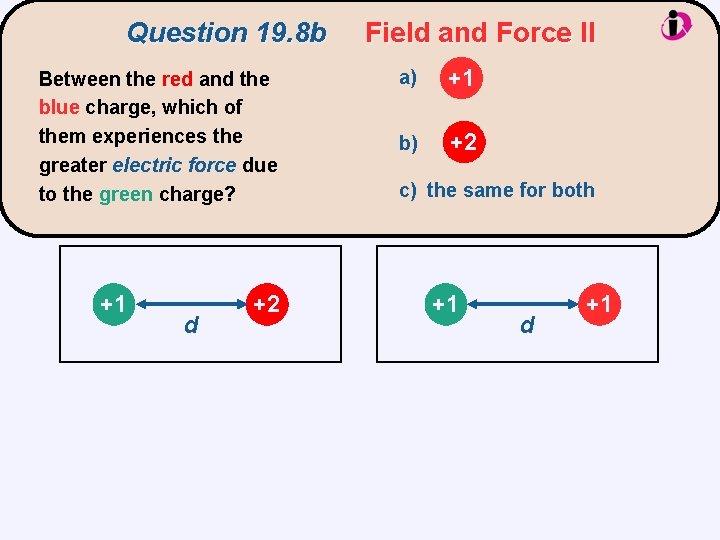 Question 19. 8 b Between the red and the blue charge, which of them