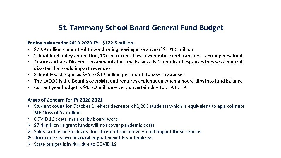 St. Tammany School Board General Fund Budget Ending balance for 2019 -2020 FY -
