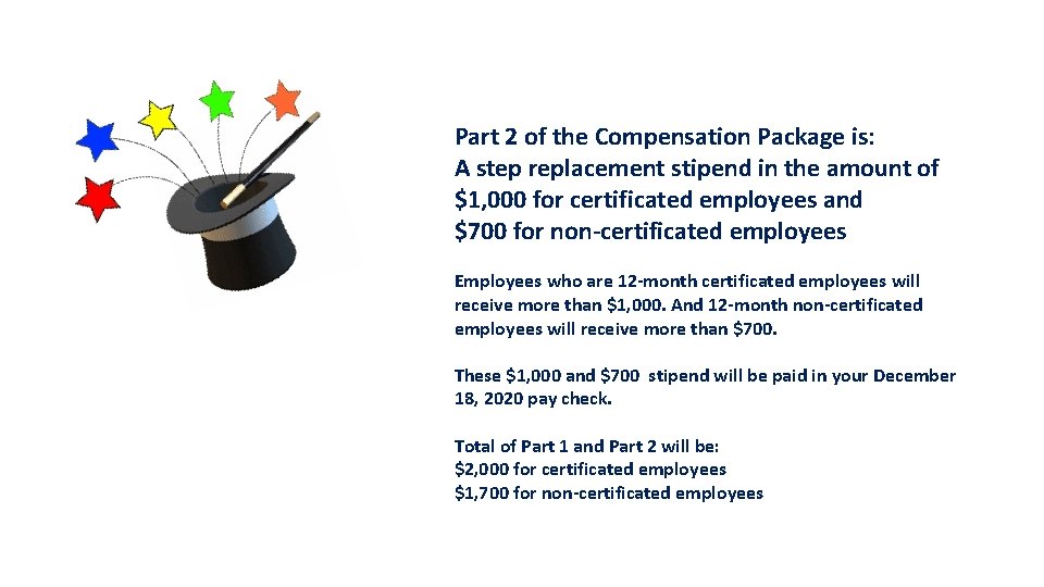 Part 2 of the Compensation Package is: A step replacement stipend in the amount