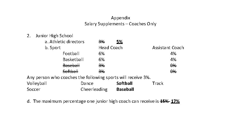 Appendix Salary Supplements – Coaches Only 2. Junior High School a. Athletic directors 3%