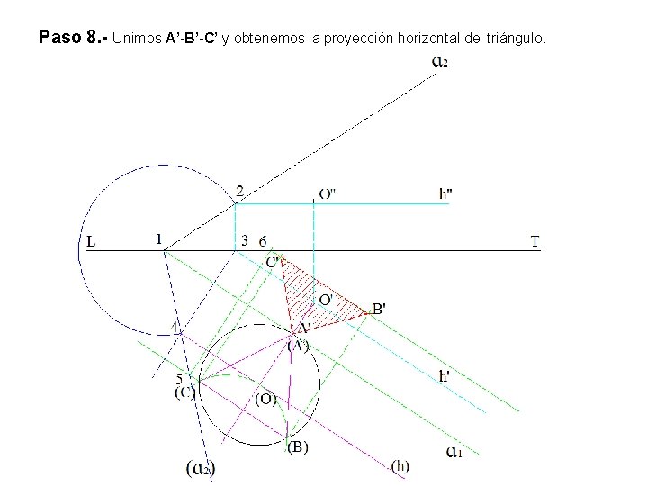 Paso 8. - Unimos A’-B’-C’ y obtenemos la proyección horizontal del triángulo. 
