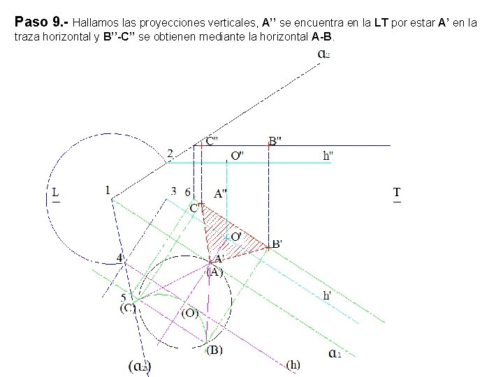 Paso 9. - Hallamos las proyecciones verticales, A’’ se encuentra en la LT por