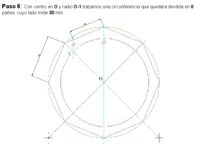 Paso 6: Con centro en O y radio O-1 trazamos una circunferencia quedara dividida