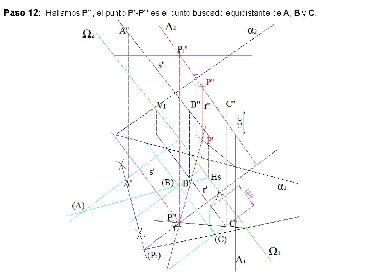 Paso 12: Hallamos P’’, el punto P’-P’’ es el punto buscado equidistante de A,