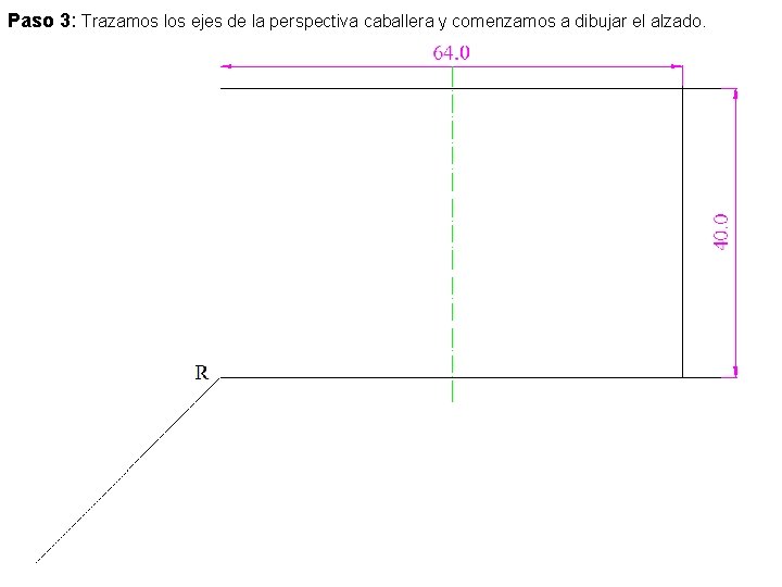 Paso 3: Trazamos los ejes de la perspectiva caballera y comenzamos a dibujar el