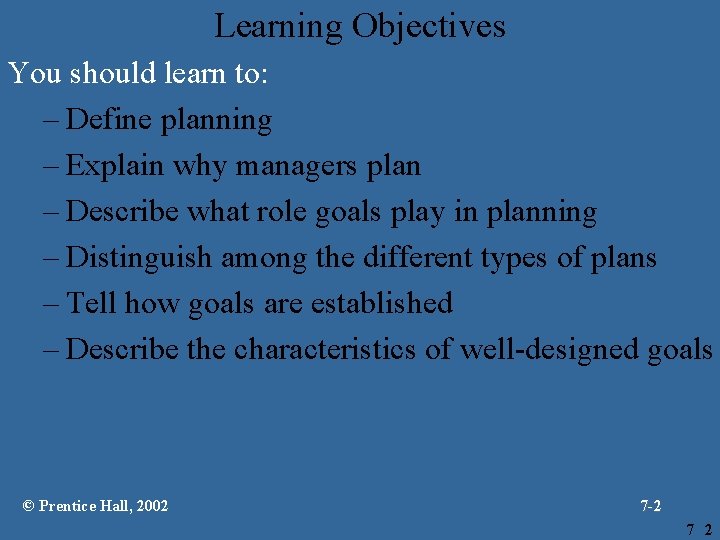 Learning Objectives You should learn to: – Define planning – Explain why managers plan