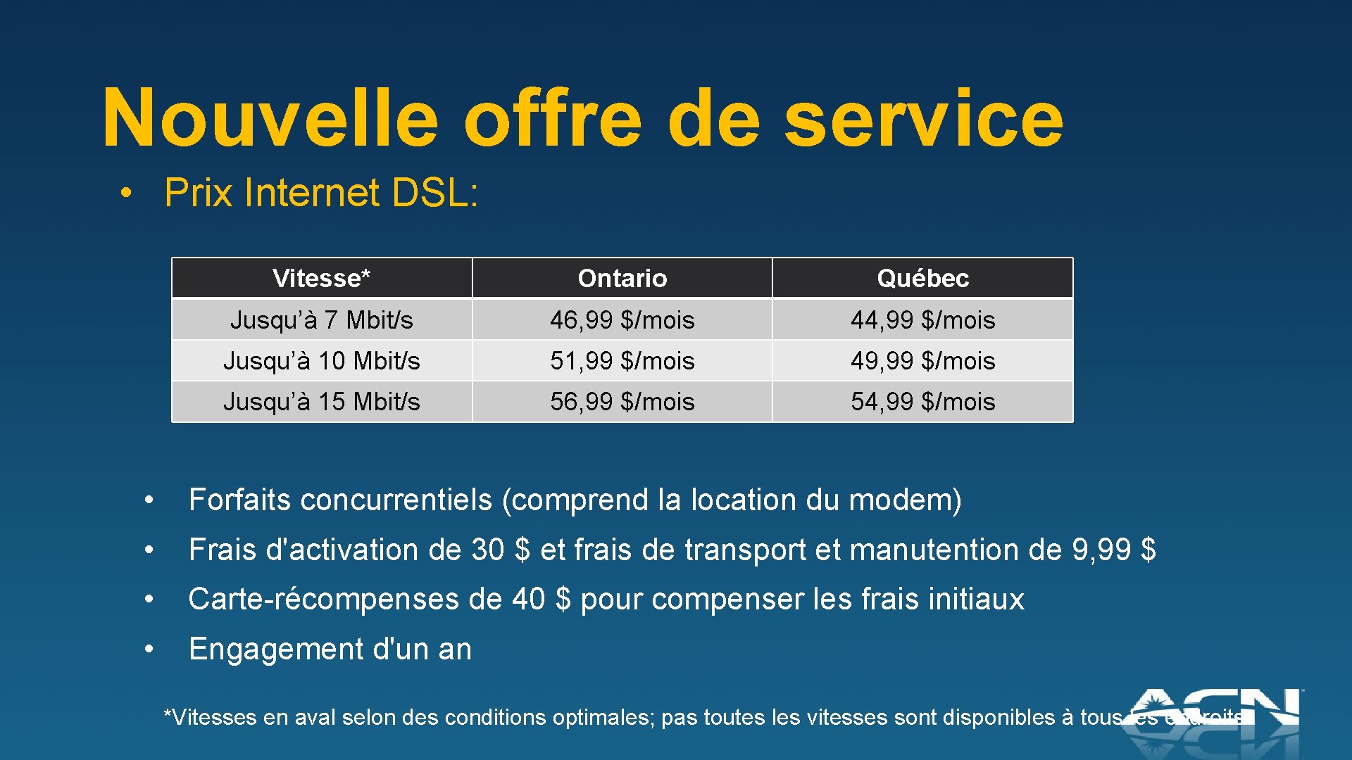 Nouvelle offre de service • Prix Internet DSL: Vitesse* Ontario Québec Jusqu’à 7 Mbit/s