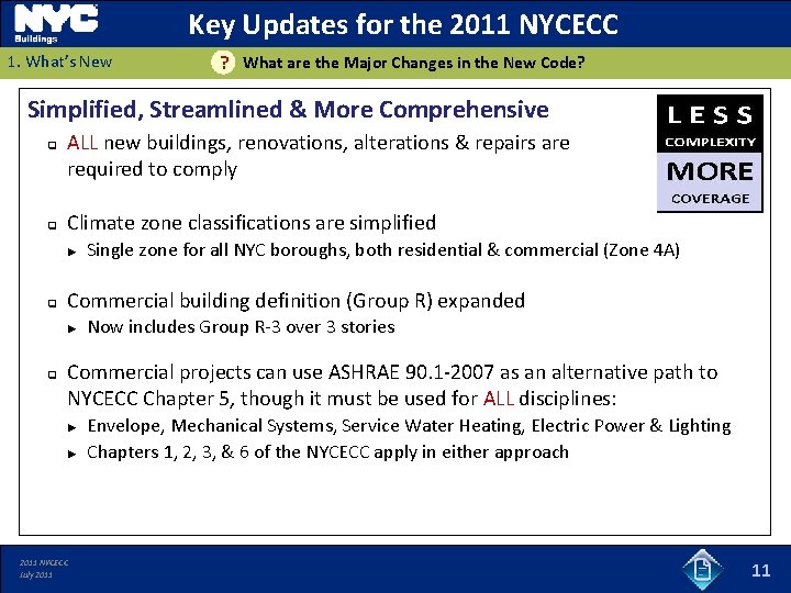 Key Updates for the 2011 NYCECC 1. What’s New ? What are the Major