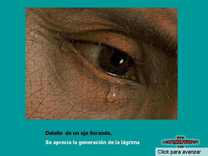 Detalle de un ojo llorando. Se aprecia la generación de la lágrima Click para