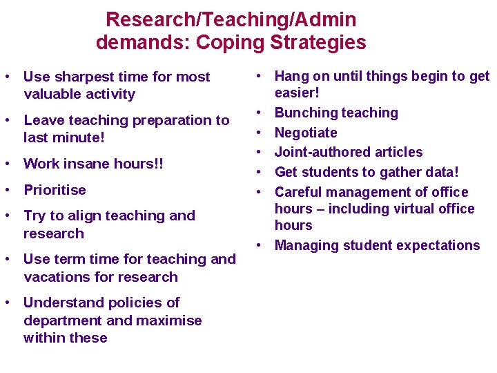 Research/Teaching/Admin demands: Coping Strategies • Use sharpest time for most valuable activity • Leave
