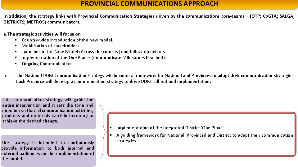 PROVINCIAL COMMUNICATIONS APPROACH In addition, the strategy links with Provincial Communication Strategies driven by PROVINCIAL COMMUNICATIONS APPROACH In addition, the strategy links with Provincial Communication Strategies driven by