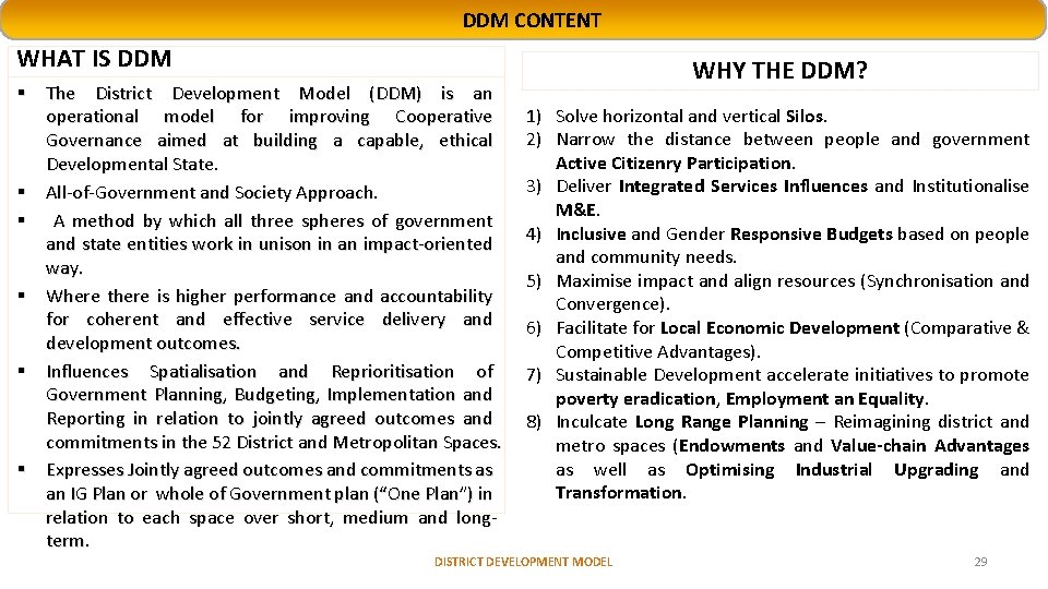 DDM CONTENT WHAT IS DDM § The District Development Model (DDM) is an operational DDM CONTENT WHAT IS DDM § The District Development Model (DDM) is an operational