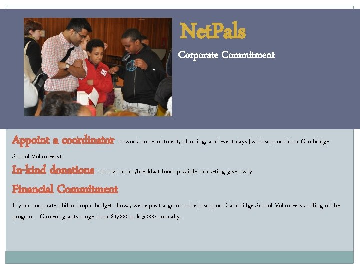 Net. Pals Corporate Commitment Appoint a coordinator to work on recruitment, planning, and event