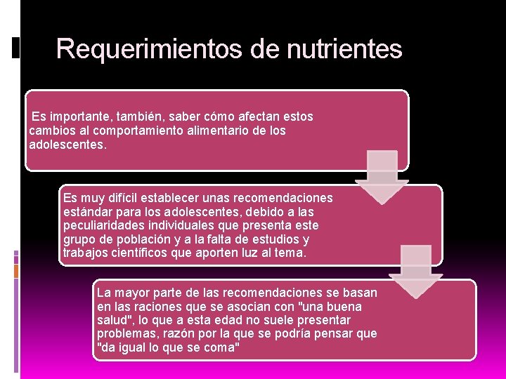 Requerimientos de nutrientes Es importante, también, saber cómo afectan estos cambios al comportamiento alimentario
