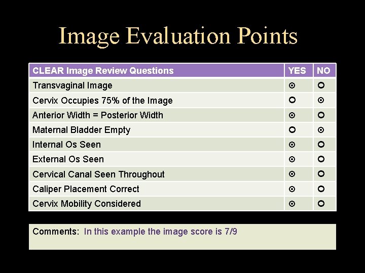 Image Evaluation Points CLEAR Image Review Questions YES NO Transvaginal Image Cervix Occupies 75%