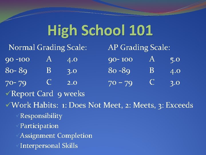 High School 101 Normal Grading Scale: AP Grading Scale: 90 -100 A 4. 0