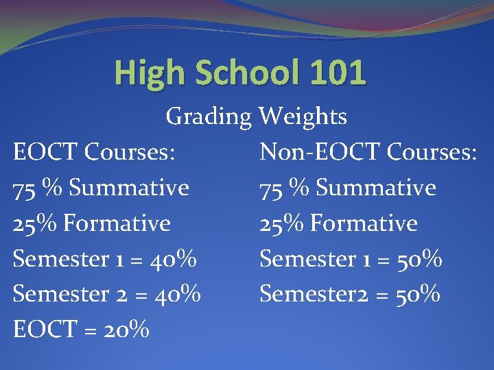 High School 101 Grading Weights EOCT Courses: Non-EOCT Courses: 75 % Summative 25% Formative